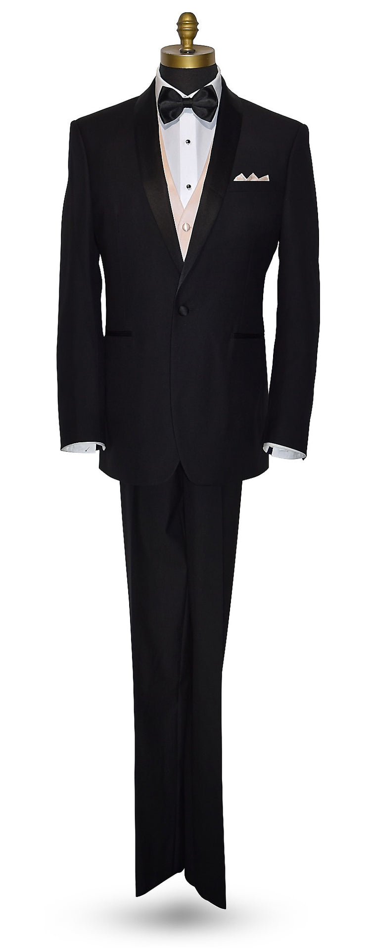 life size mannequin wearing a Black shawl-collar tuxedo with white tuxedo shirt, nude tuxedo vest, black "pre-tied" bow tie, and nude pocket square on a mannequin against a white background.