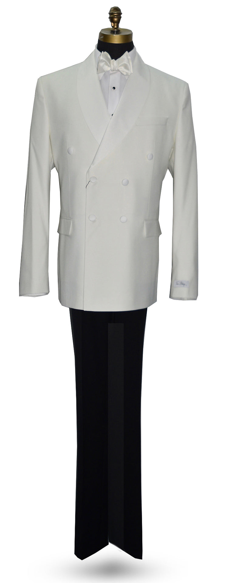 mannequin wearing an Off-white double breasted shawl collar dinner jacket with black tuxedo pants and off-white satin bowtie against a white background