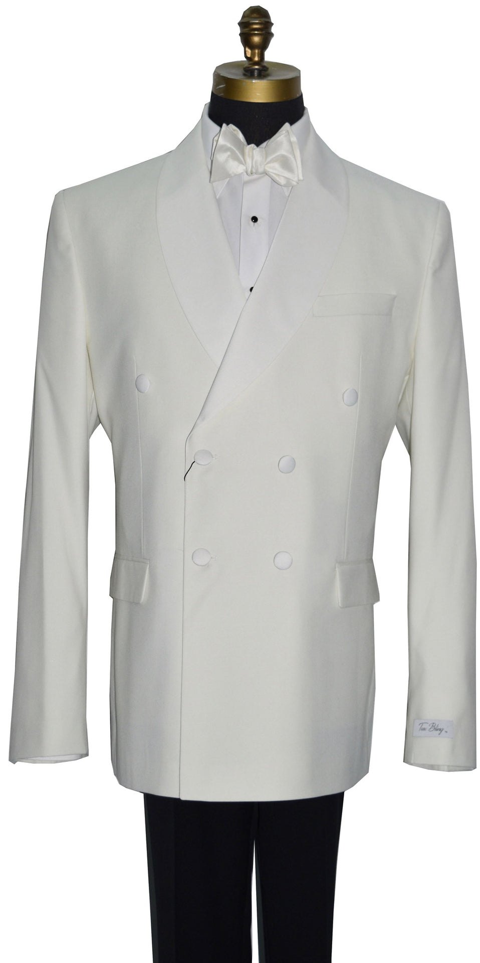 close-up front view mannequin wearing an Off-white double breasted shawl collar dinner jacket with black tuxedo pants and off-white satin bowtie against a white background