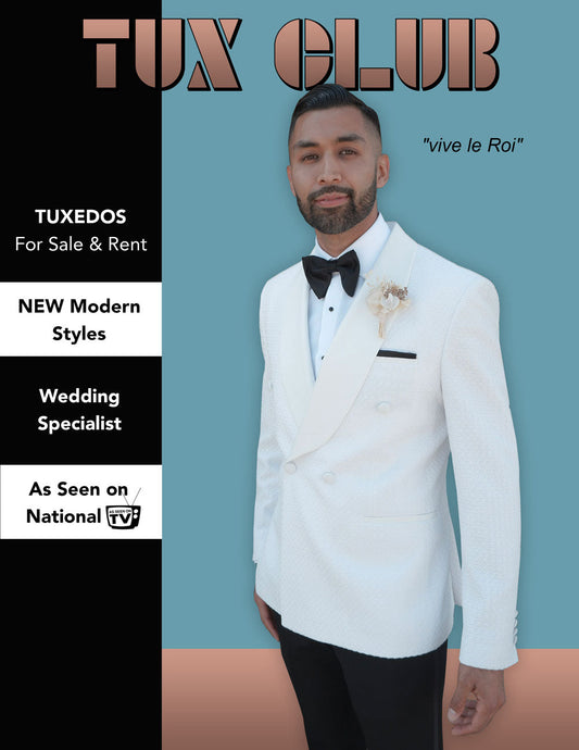 Man in a off-white tuxedo jacket with a blue background and text about tuxedo services.