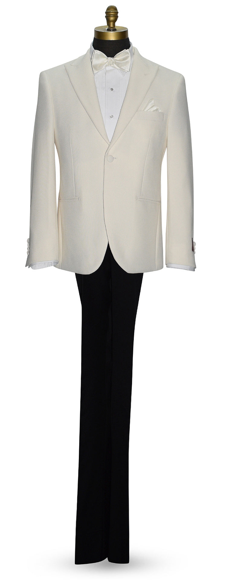 full length mannequin wearing an ivory peak lapel dinner jacket with white shirt and ivory satin bowtie against a white background