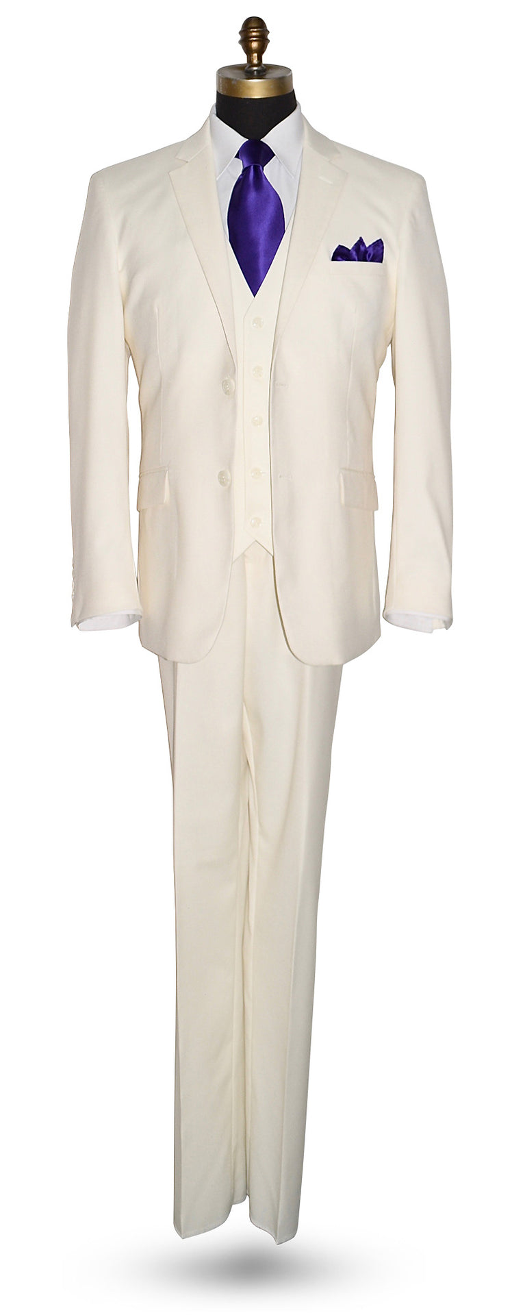 Off-white mens suit with a purple necktie and pocket square on a white background