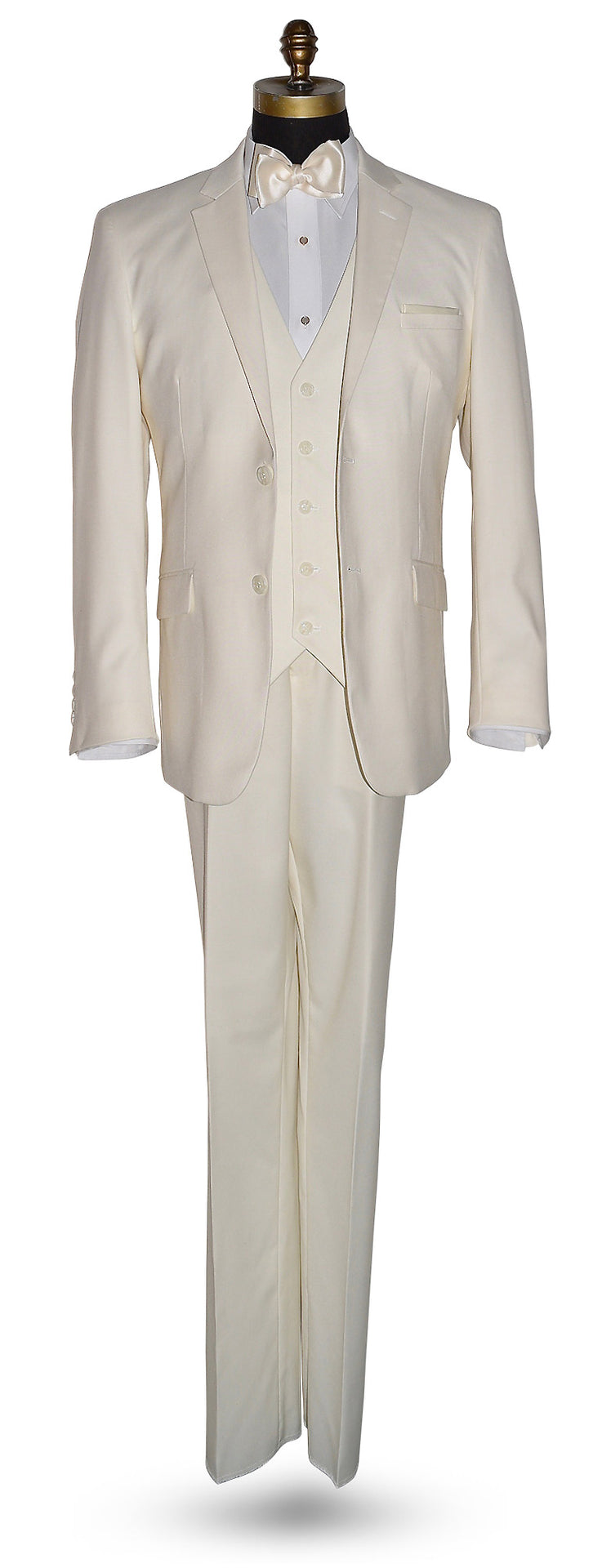 Off-White 3 piece mens suit with a bow tie on a mannequin against a white background