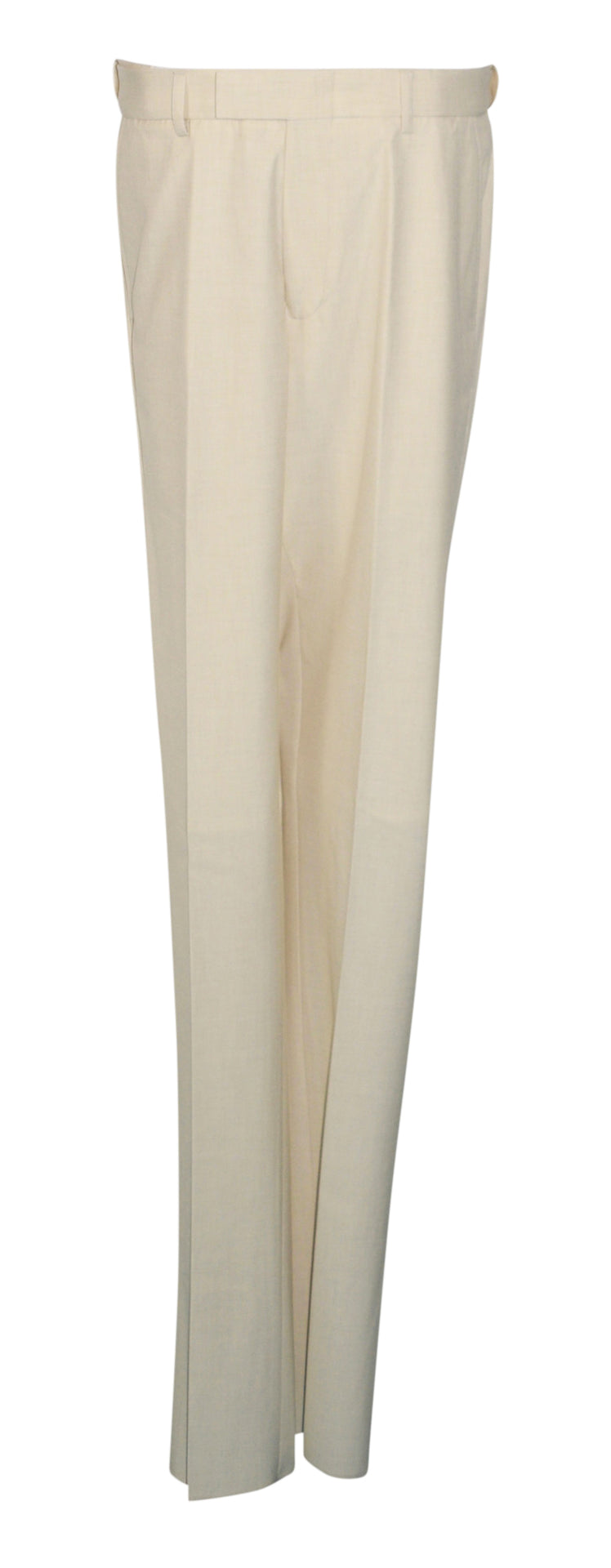 A pair of off-white linen look men's dress pants shown flat against a solid white background.