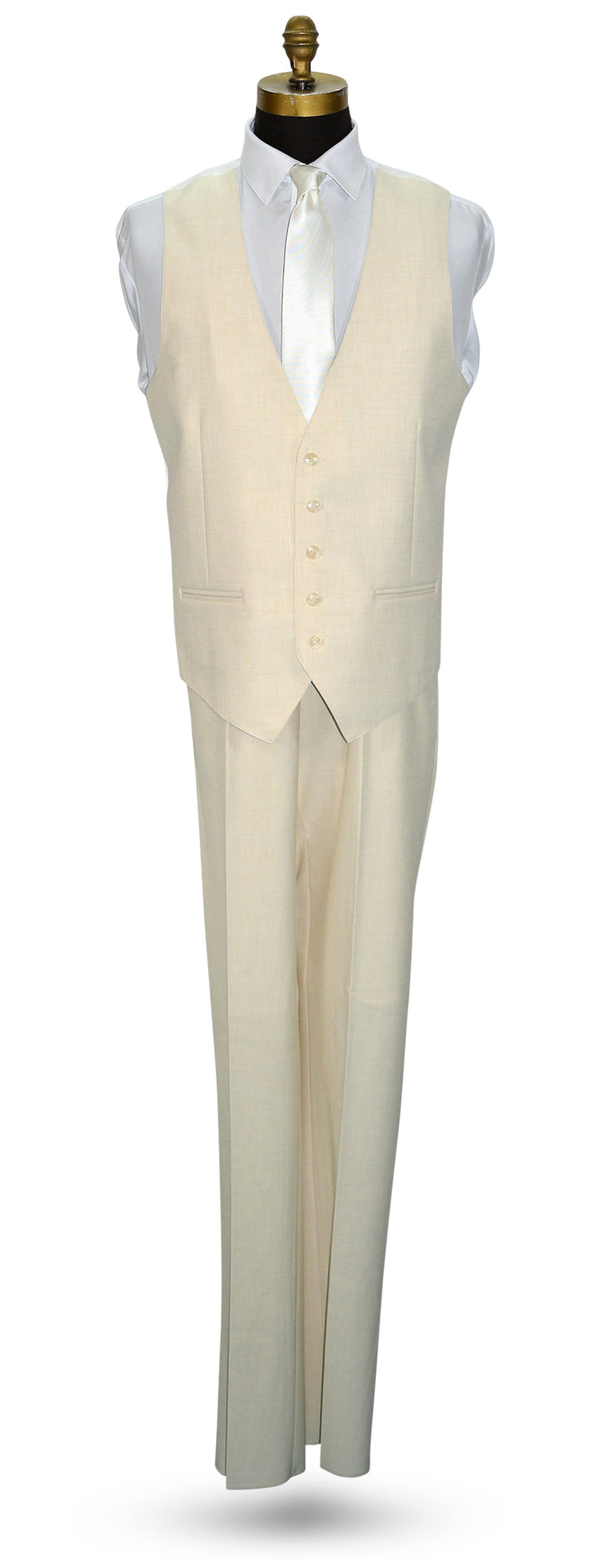 life size mannequin wearing an off-white linen look men's vest with a white dress shirt with a off-white necktie, against a white background.