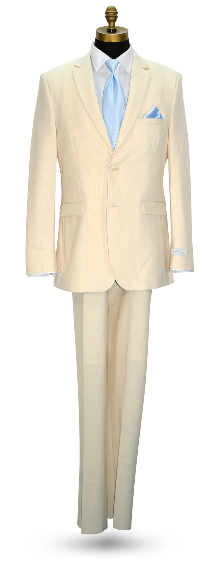 life size mannequin wearing an off-white linen look men's suit with a white dress shirt with a baby-blue necktie, against a white background.
