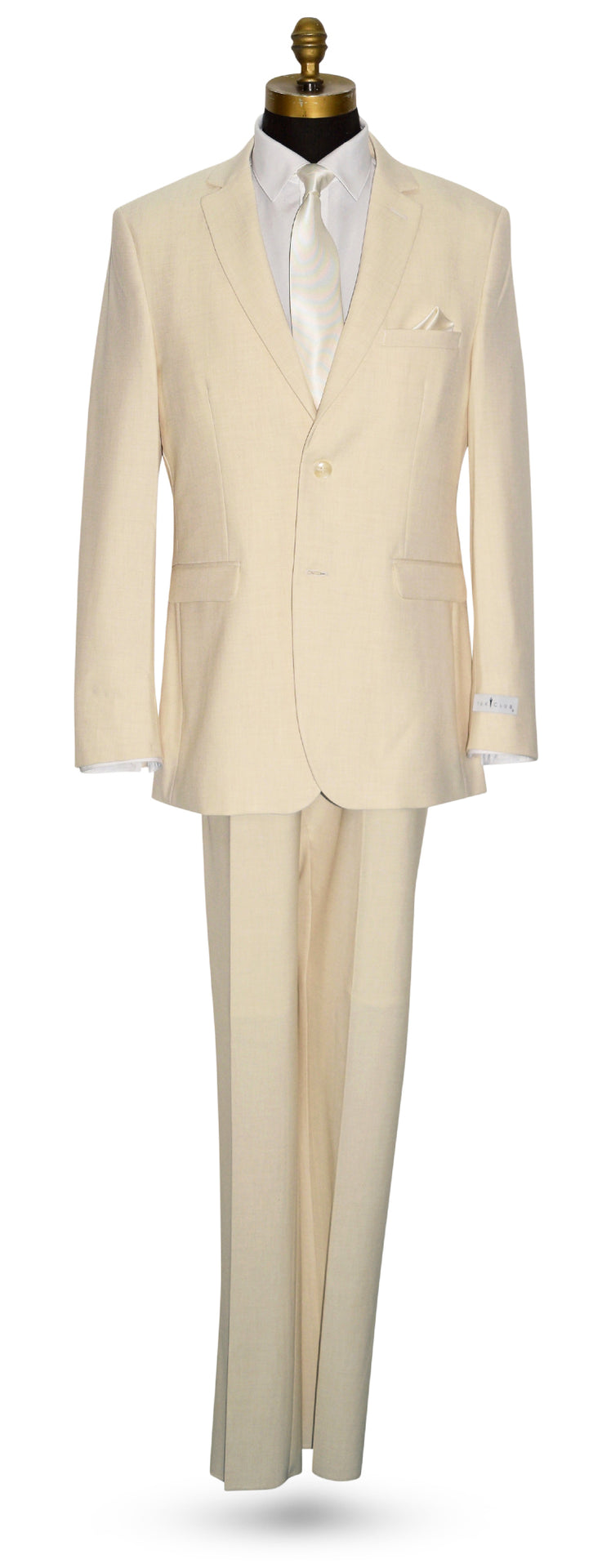 life size mannequin wearing an off-white linen look men's suit with a white dress shirt with a off-white necktie, against a white background.