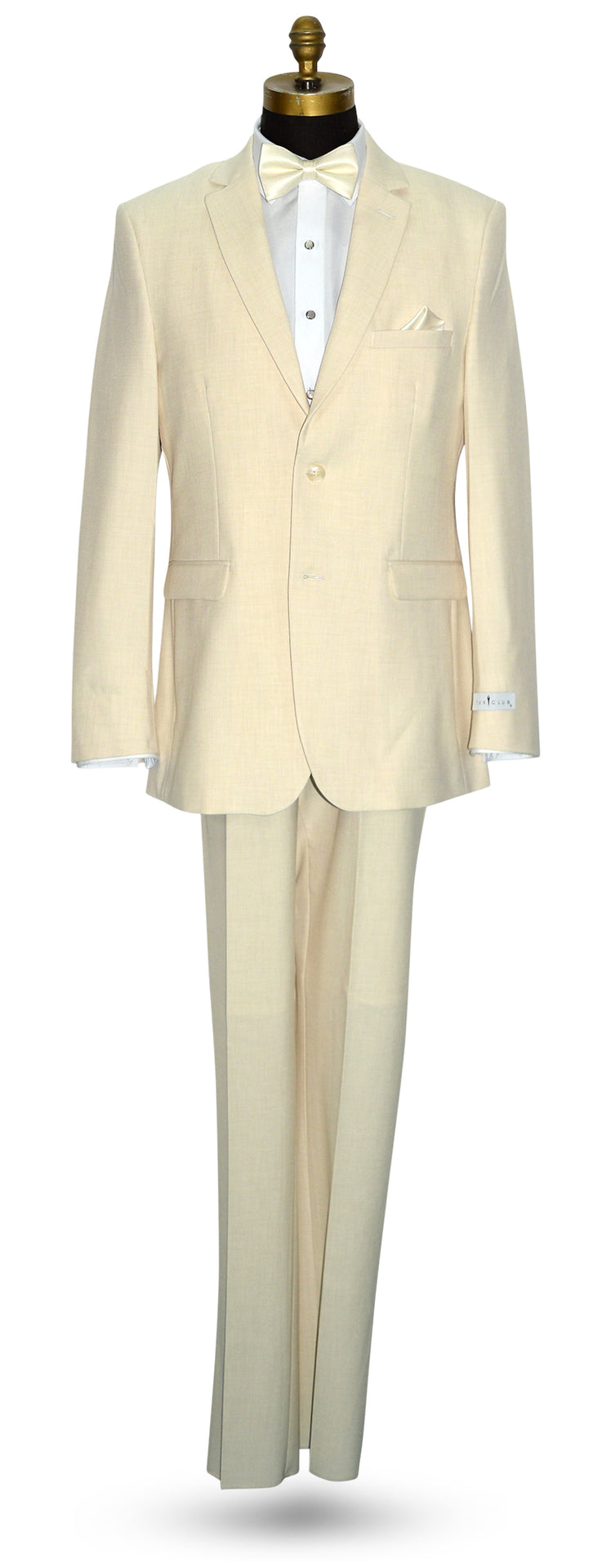 life size mannequin wearing an off-white linen look men's suit with a white dress shirt with a off-white bowtie, against a white background.
