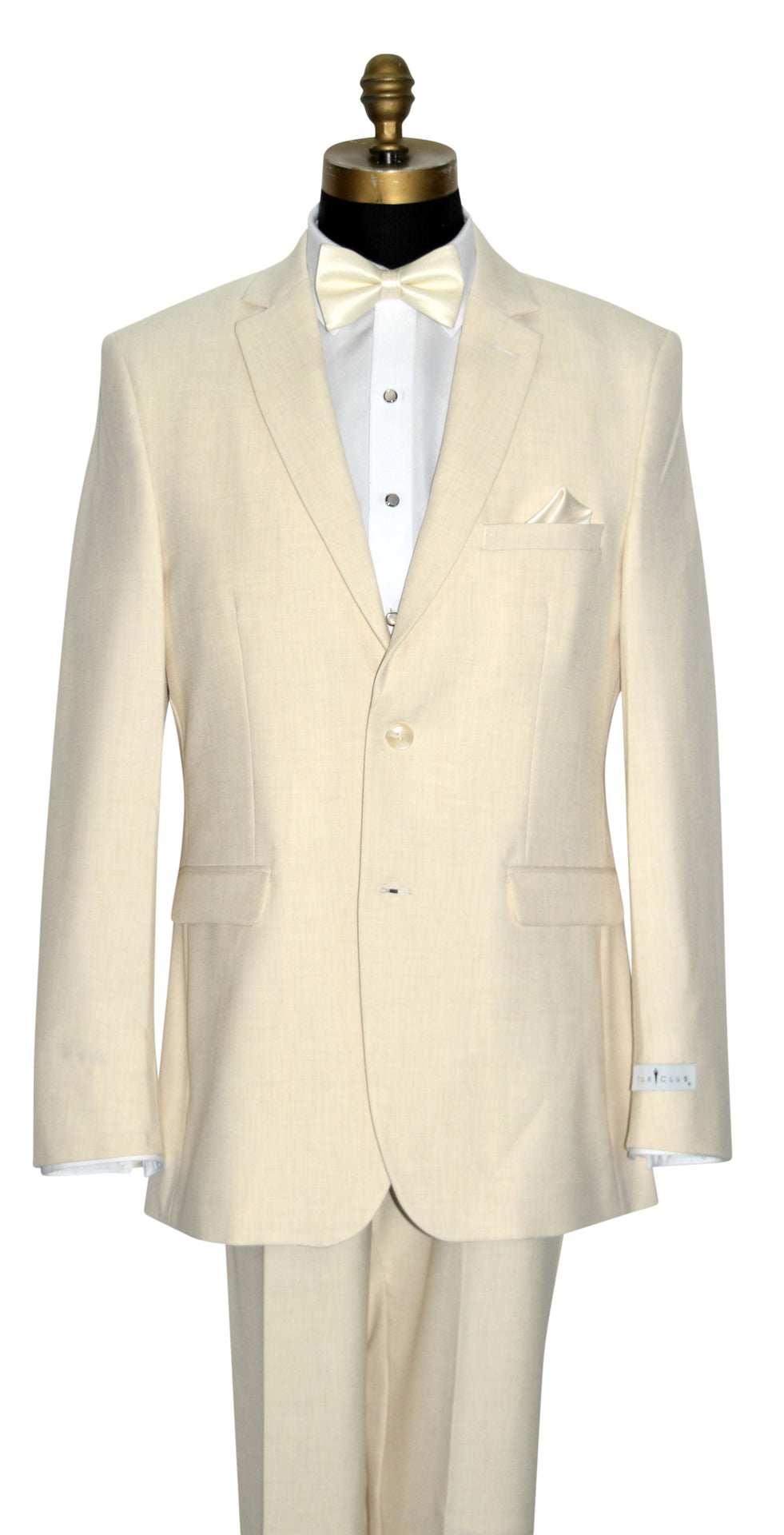 close-up mannequin wearing an off-white linen look men's suit with a white dress shirt with a off-white bowtie, against a white background.