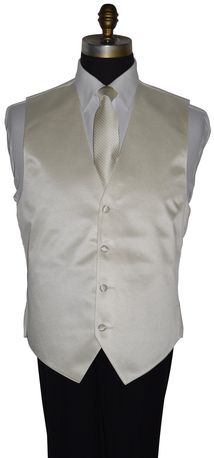 Off-white satin vest on a mannequin with a white shirt and off-white ivory necktie with subtle stripe against a white background