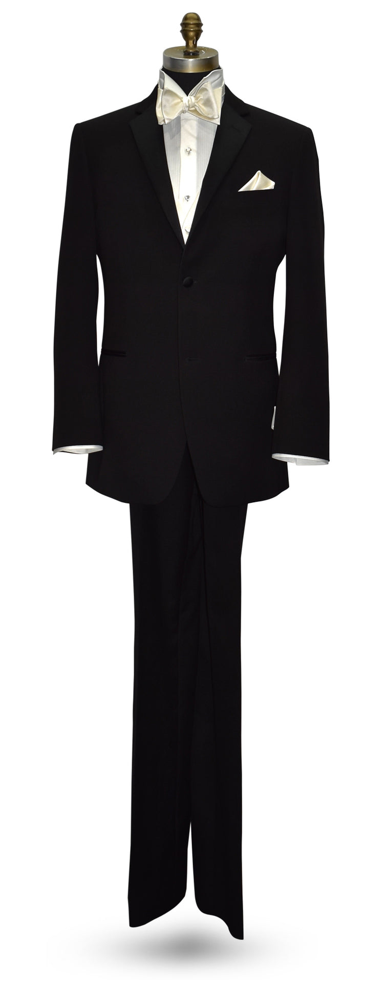 full length front view mannequin wearing an off-white vest and off-white tuxedo shirt and an off-white "tie-yourself" bowtie against a white background