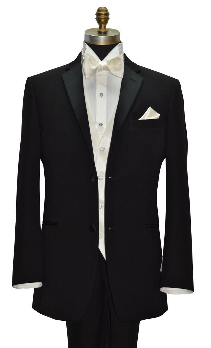 mannequin wearing an off-white vest and off-white tuxedo shirt and an off-white "tie-yourself" bowtie against a white background