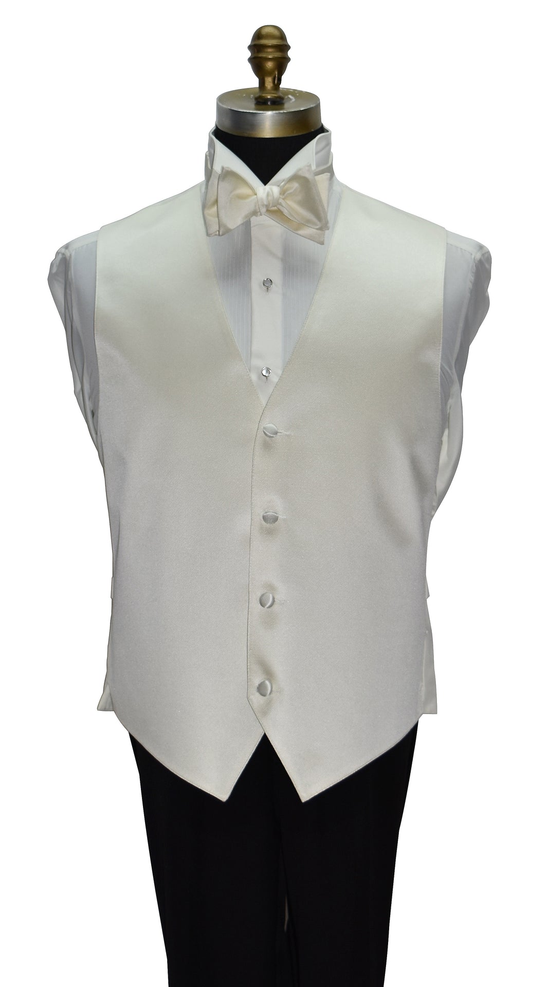Off-white tuxedo vest and off-white bow tie on a mannequin against a white background
