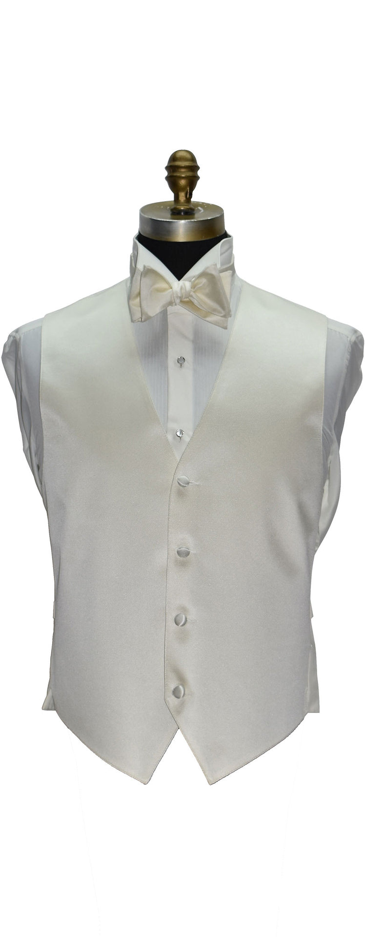 Off-white tuxedo vest and off-white bow tie on a mannequin against a white background