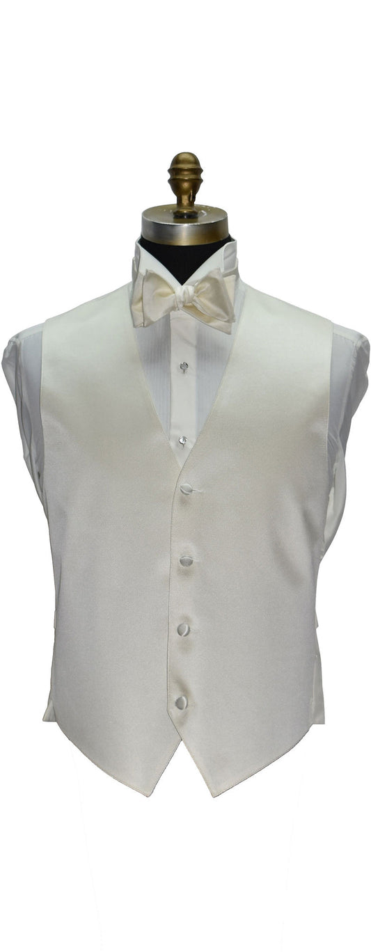 Off-white tuxedo vest and off-white bow tie on a mannequin against a white background