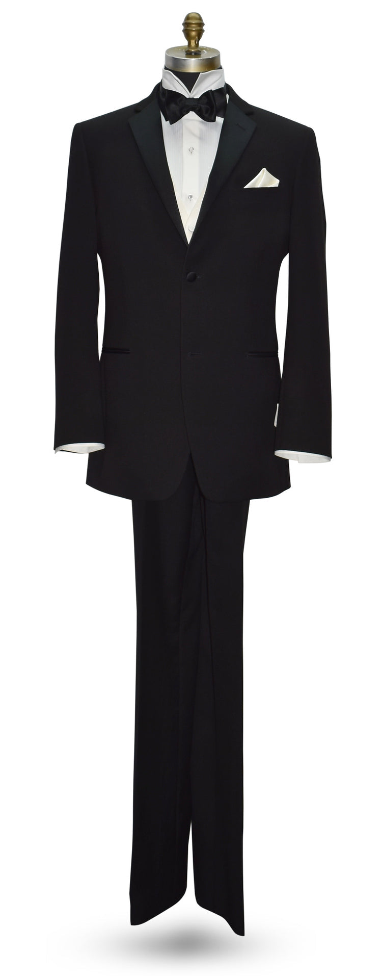 life size mannequin wearing a black tuxedo with black bow tie and off-white tuxedo vest on a mannequin against a white background