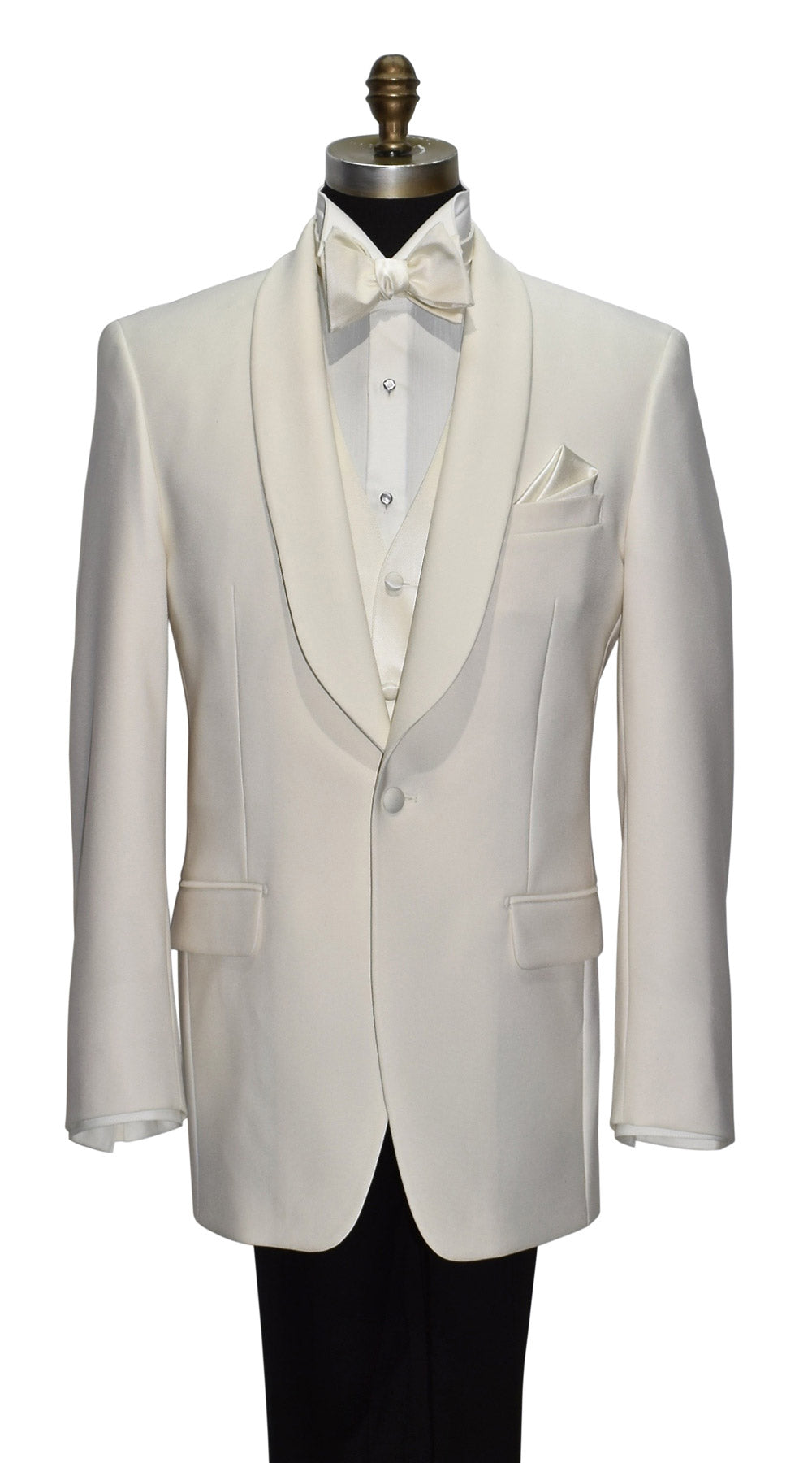 mannequin wearing an ivory shawl collar tuxedo with black pants with an ivory tuxedo shirt and off-white "self-tie" bowtie