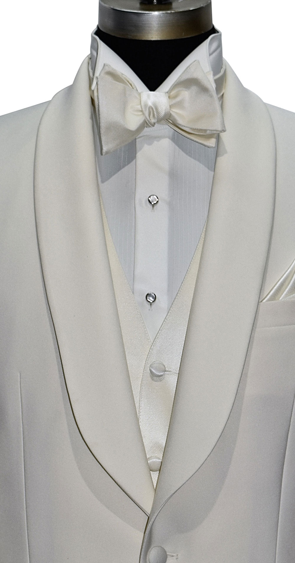 close-up mannequin wearing an ivory shawl collar tuxedo with an ivory tuxedo shirt and off-white "self-tie" bowtie