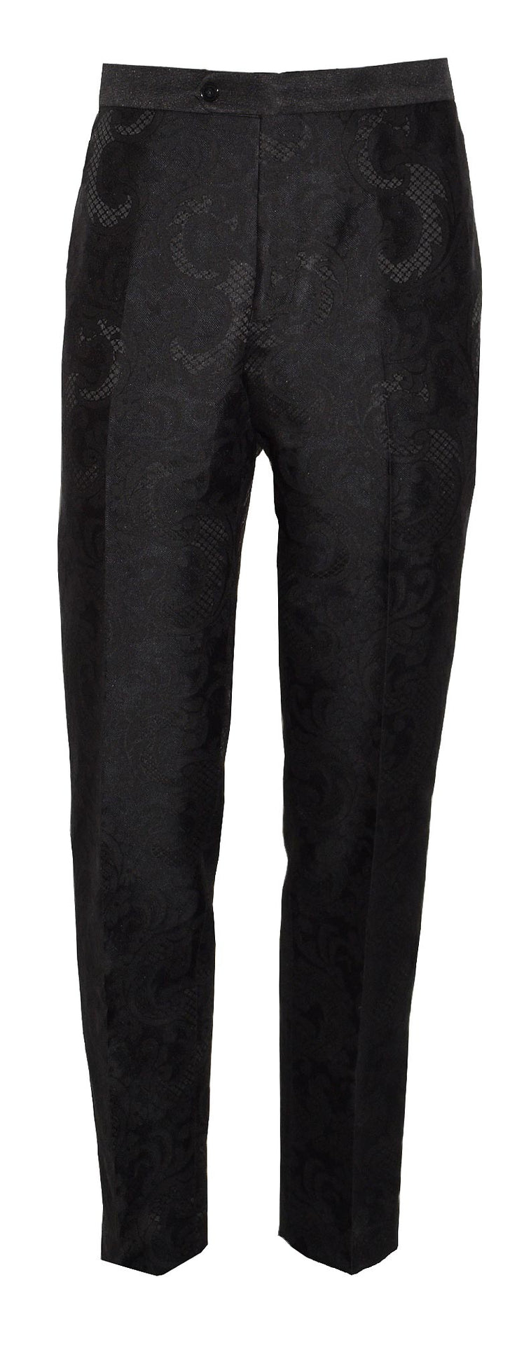 full length black paisley slim-fit tuxedo pants against a white background