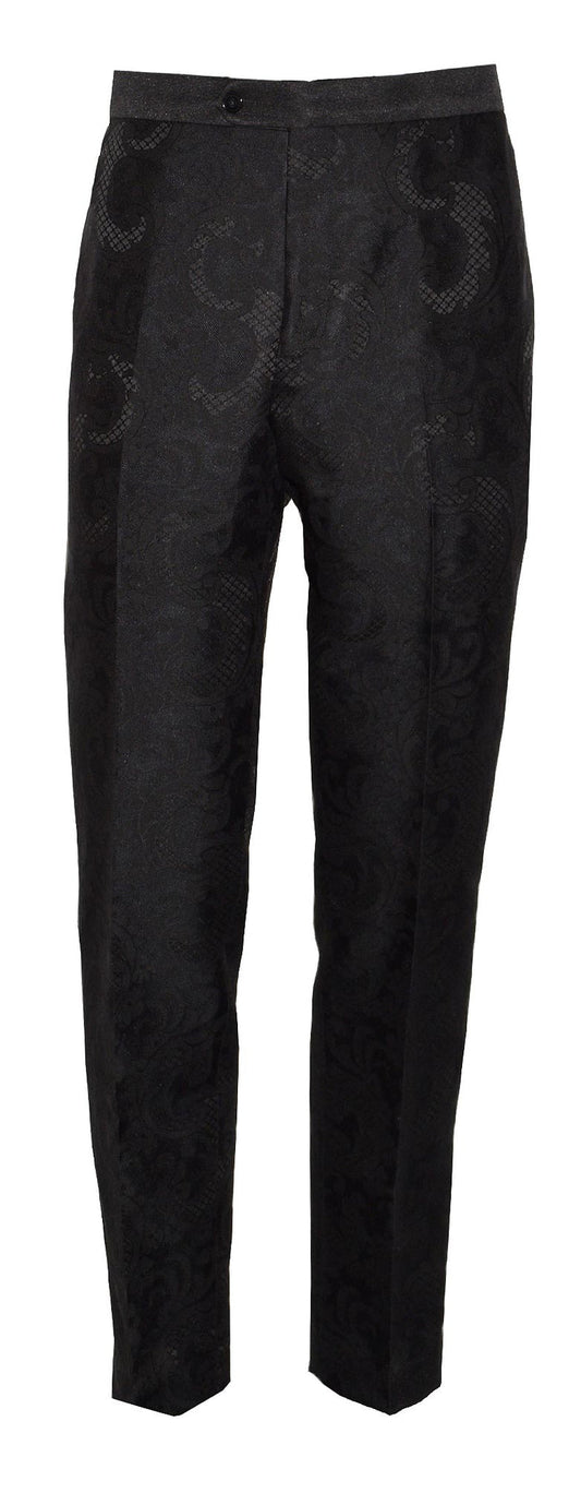 full length black paisley slim-fit tuxedo pants against a white background