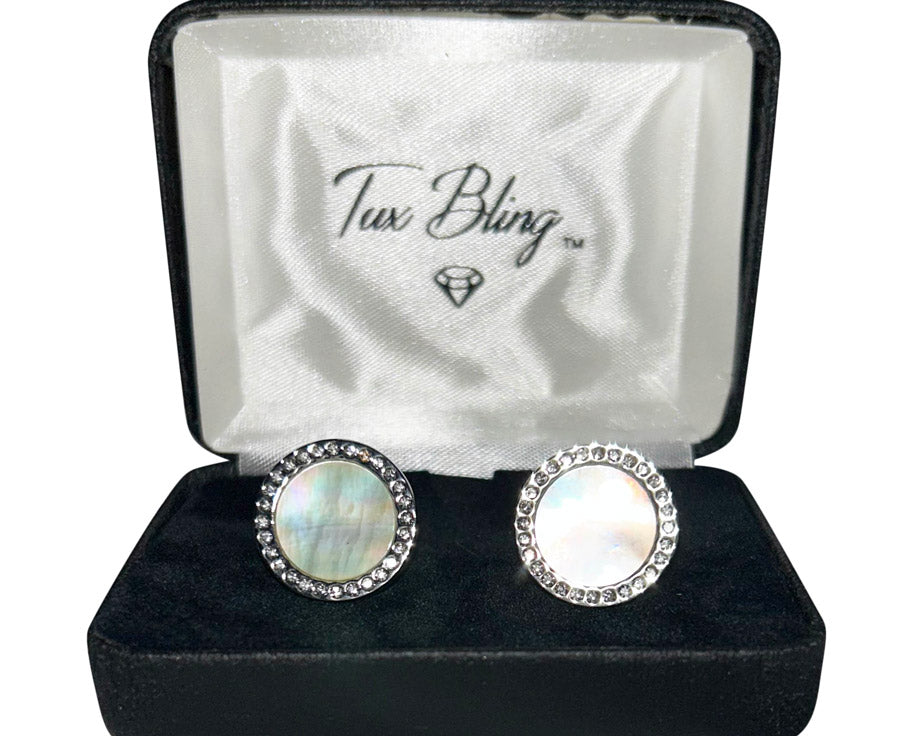 pearl cufflinks in a tuxbling branded jewelry box