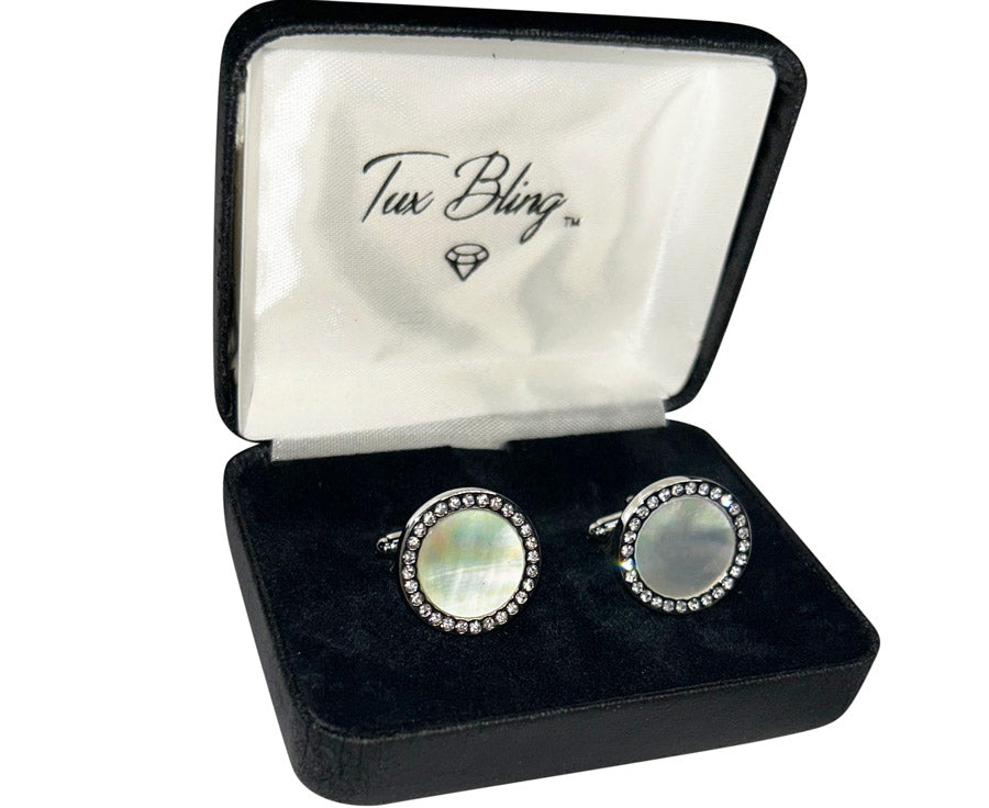 mother-of-pearl cufflinks with crystal and silver setting in a "tux bling" branded box