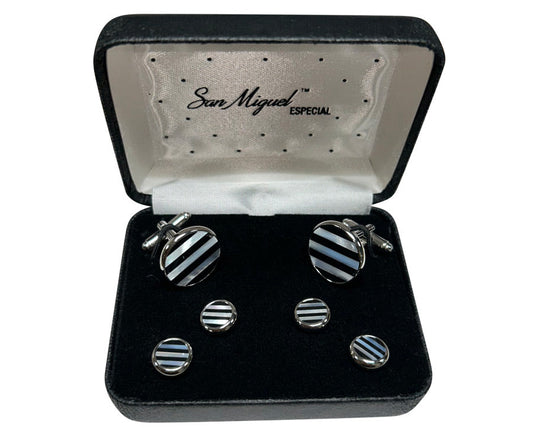 Cufflink set with inlaid striped pearl and onyx design in a 'San Miguel Especial' branded box.