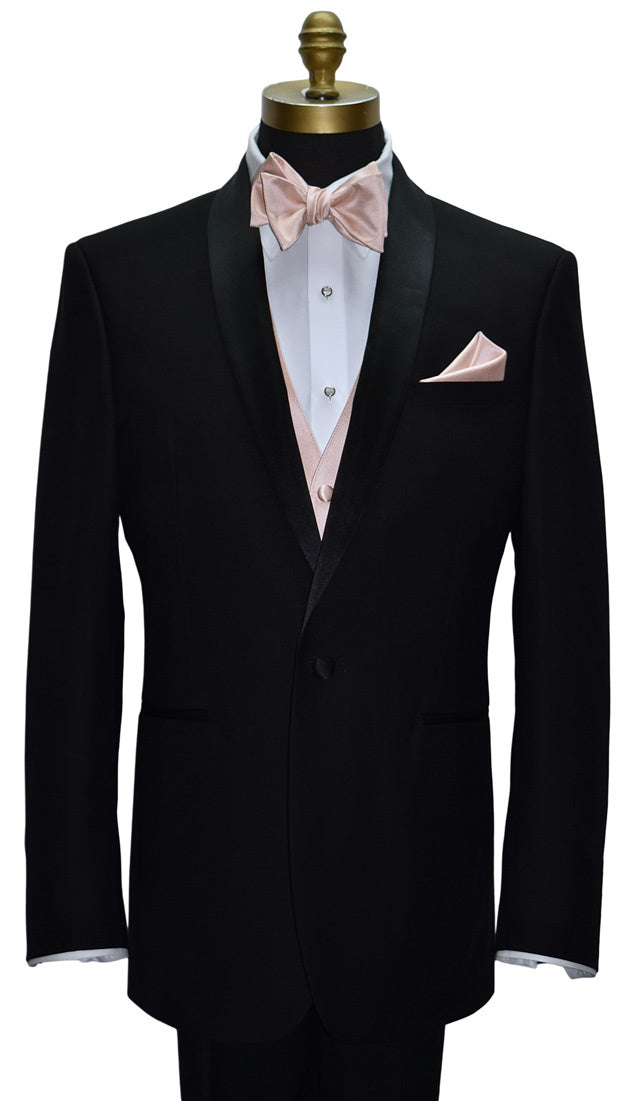 black suit with a white dress shirt and a petal tuxedo vest and petal bowtie that you tie-yourself" against a white background