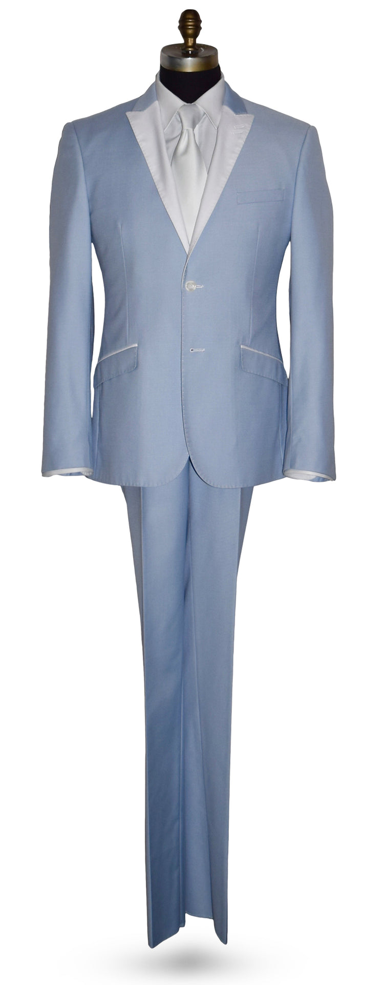 life size mannequin wearing a powder-blue tuxedo with a white shirt and a white satin necktie on a mannequin against a white background