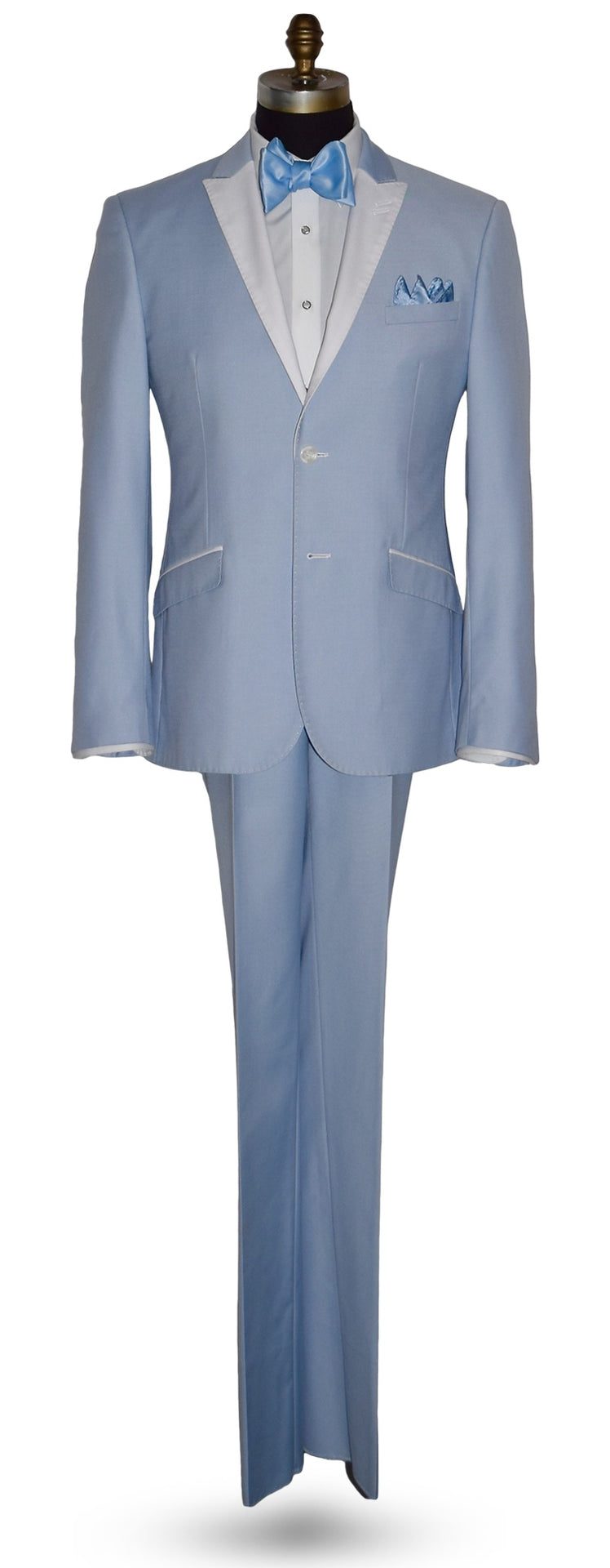 life size mannequin wearing a powder blue tuxedo with a blue bowtie against a white background