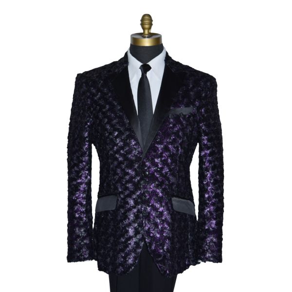 close-up life size mannequin wearing a purple tuxedo with black lapels with a white tuxedo shirt and long black skinny necktie against a white background