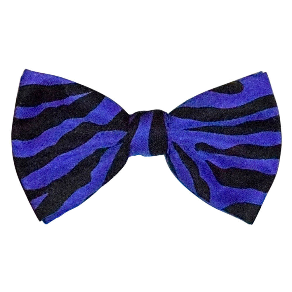 purple and black zebra patterned bow tie on a white background