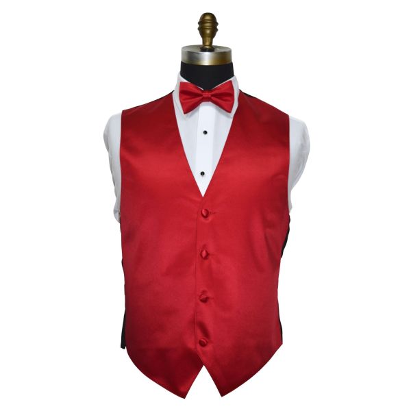 Mannequin wearing a red tuxedo vest with a red pre-tied bowtie