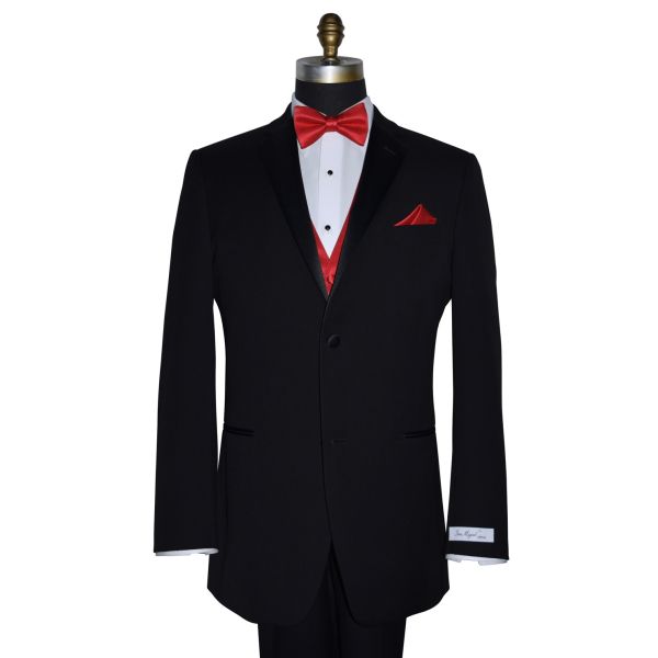 close-up mannequin wearing a black tuxedo with a "San Miguel Especial" branded label wearing a red pre-tied bowtie and a red vest.