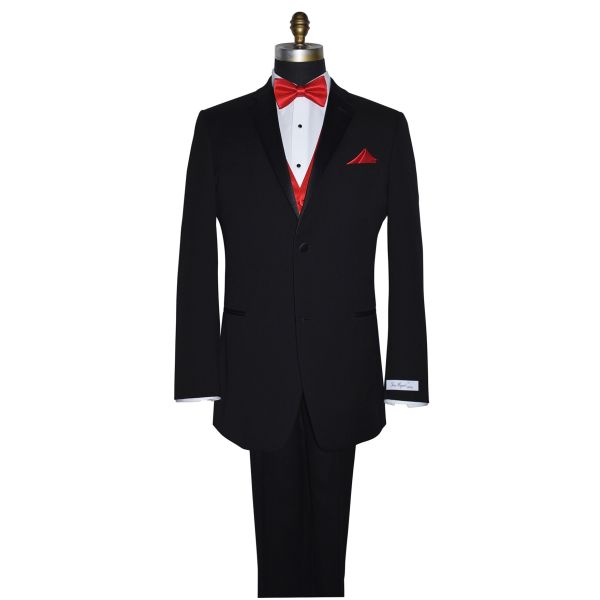 full length mannequin front view wearing a black tuxedo with a "San Miguel Especial" branded label wearing a red pre-tied bowtie and a red vest.