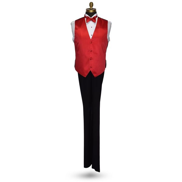 full length mannequin wearing a red tuxedo vest with a red "self-tie" bowtie and white tuxedo shirt and black tuxedo pants against a white background