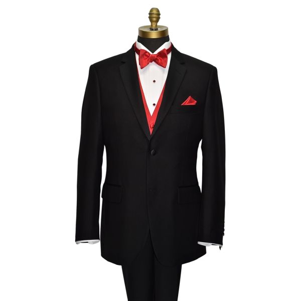 close-up mannequin wearing a black tuxedo with a red "tie-yourself" bowtie and a red tuxedo vest against a white background