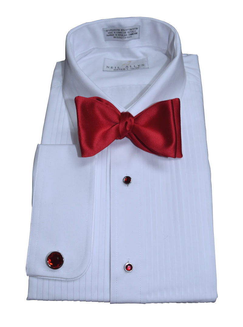White dress shirt with a red bow tie and red cufflinks on a white background