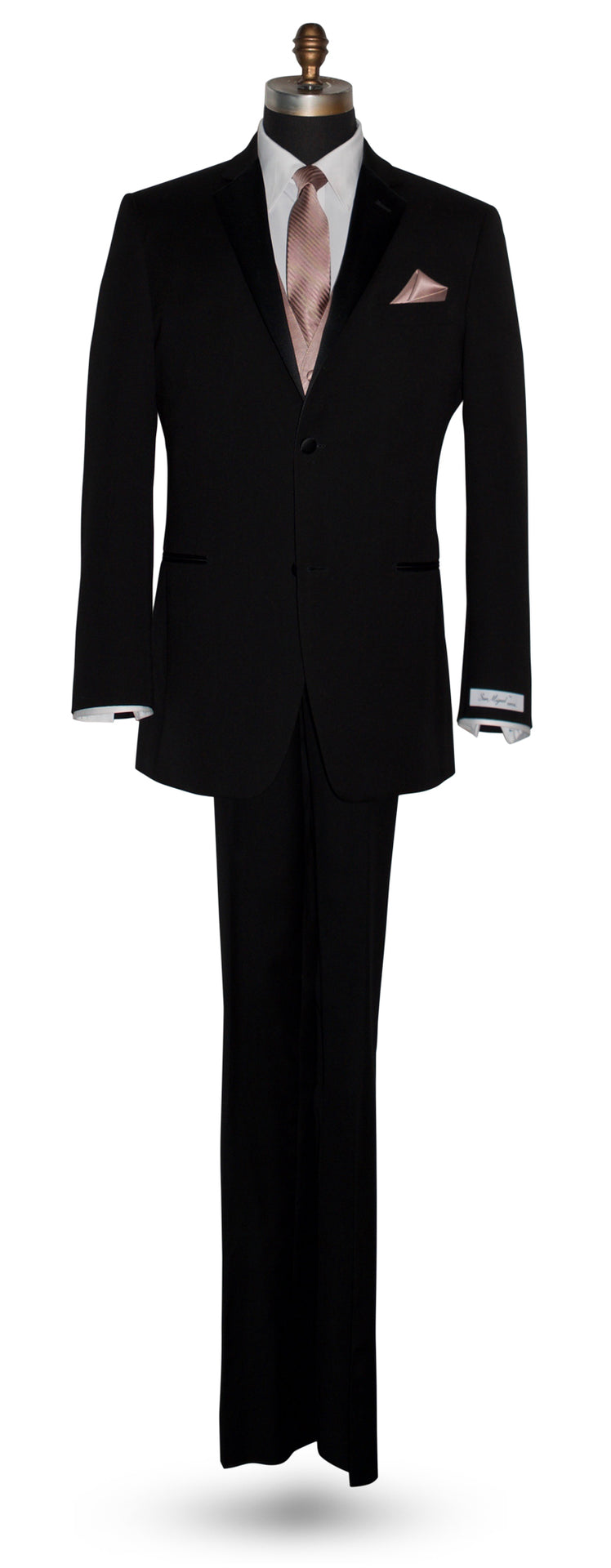 life-size mannequin wearing a black wedding suit with a white dress shirt and a rose-gold tuxedo vest with a rose-gold long necktie with subtle stipe against a white background