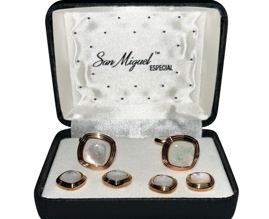 Set of mother-of-pearls cufflinks and studs in a rose gold setting  in a 'San Miguel Especial' box
