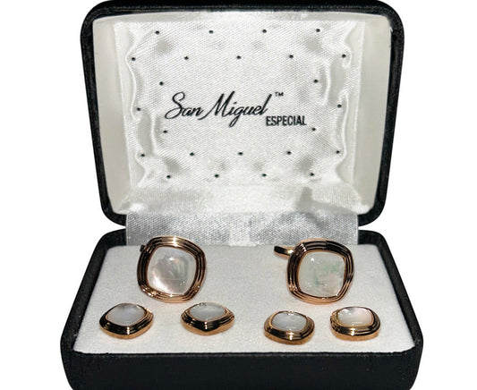 Set of mother-of-pearls cufflinks and studs in a rose gold setting  in a 'San Miguel Especial' box