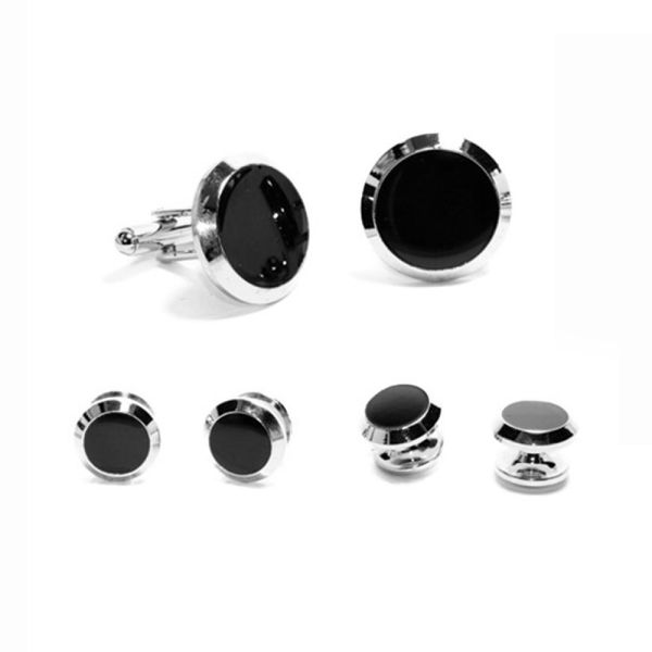 SILVER AND BLACK CUFFLINKS AND STUD SET