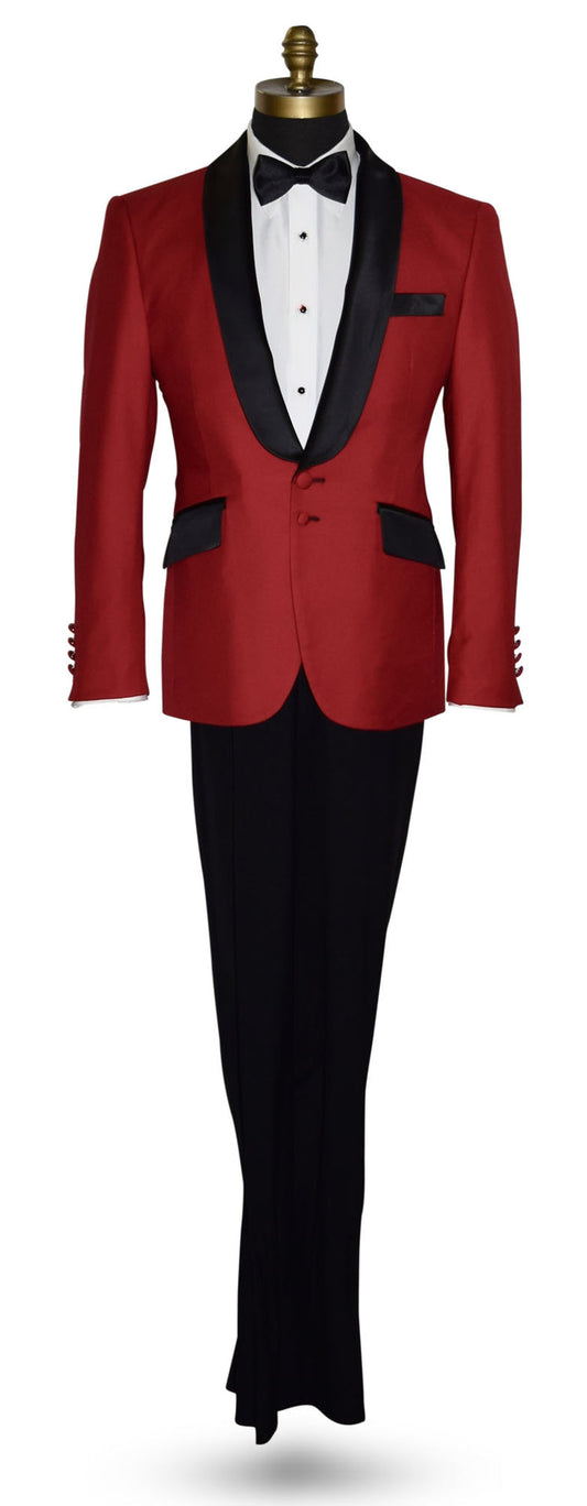Red tuxedo with black lapels and pants on a mannequin against a white background