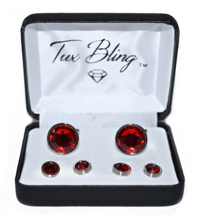 Ruby red gemstone cufflinks and studs set in a 'Tux Bling' branded box.
