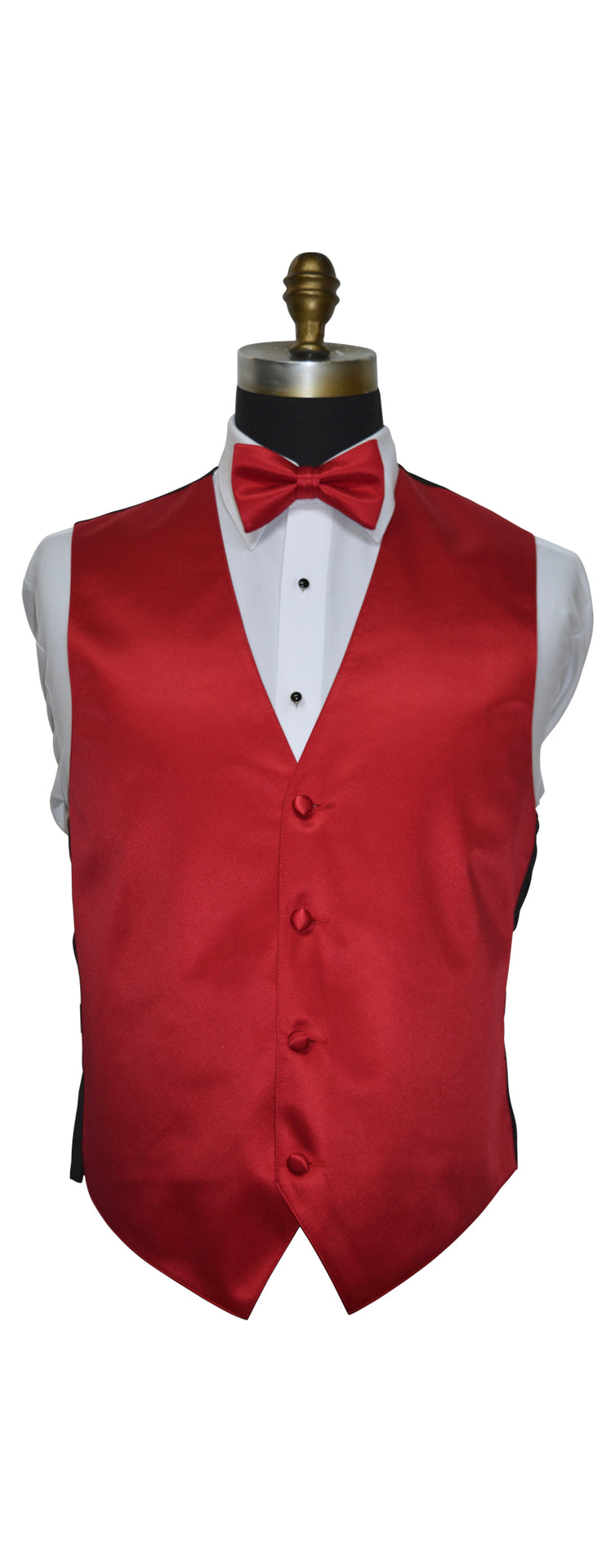 Red tuxedo vest and bow tie set on a mannequin with a white background