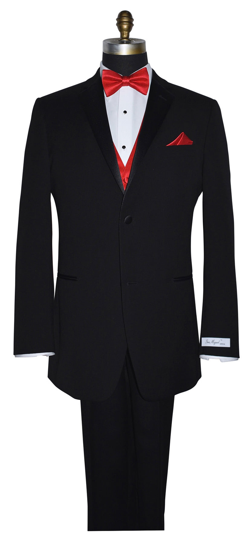 Black suit with red bow tie, red vest and pocket square on a mannequin against a white background