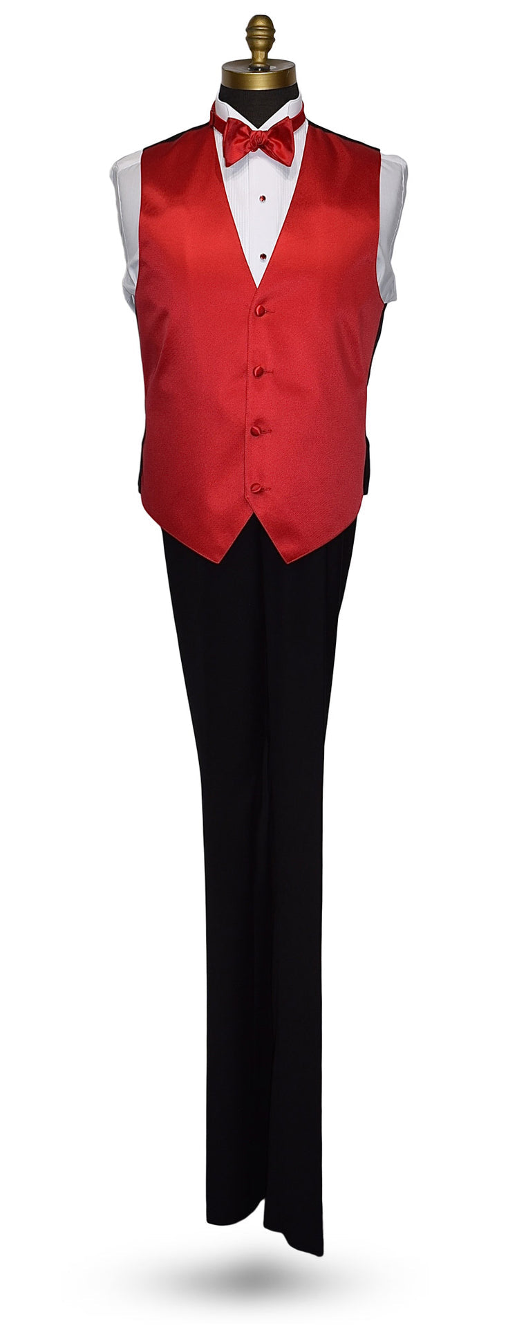 life-size mannequin wearing a ruby-red tuxedo set with a ruby-red bowtie with a white tuxedo shirt and black tuxedo pants against a white background