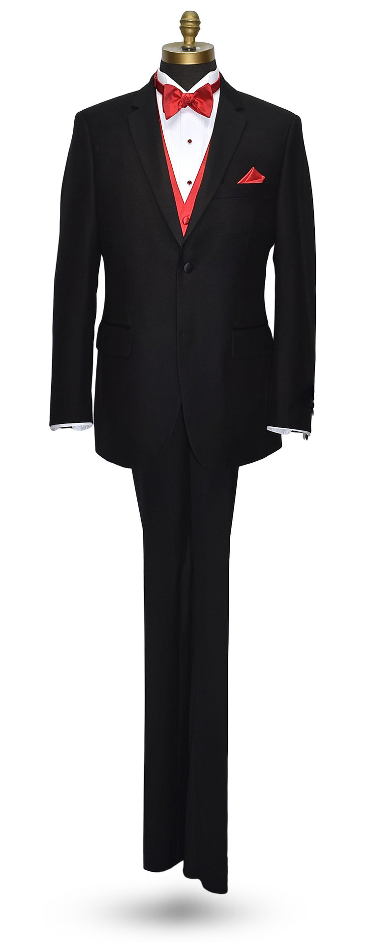 life size mannequin wearing a black notch lapel tuxedo with a ruby-red bowtie and ruby-red vest against a white background 