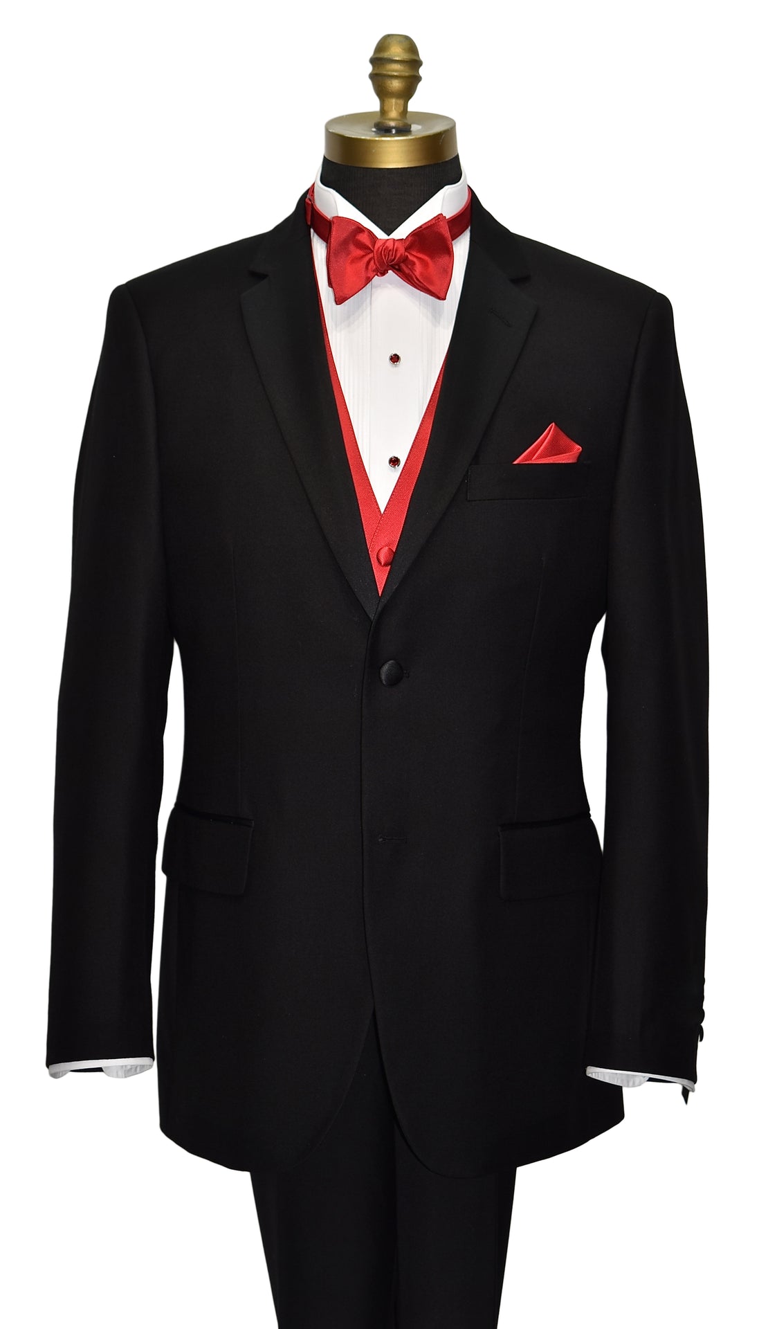 close-up black wedding suit with ruby red bowtie and ruby red vest against a white background