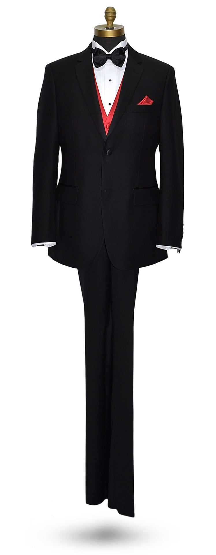 life-size mannequin wearing a black notch-lapel tuxedo with a white dress shirt with a black satin bowtie and ruby red vest and pocket handkerchief against a white background